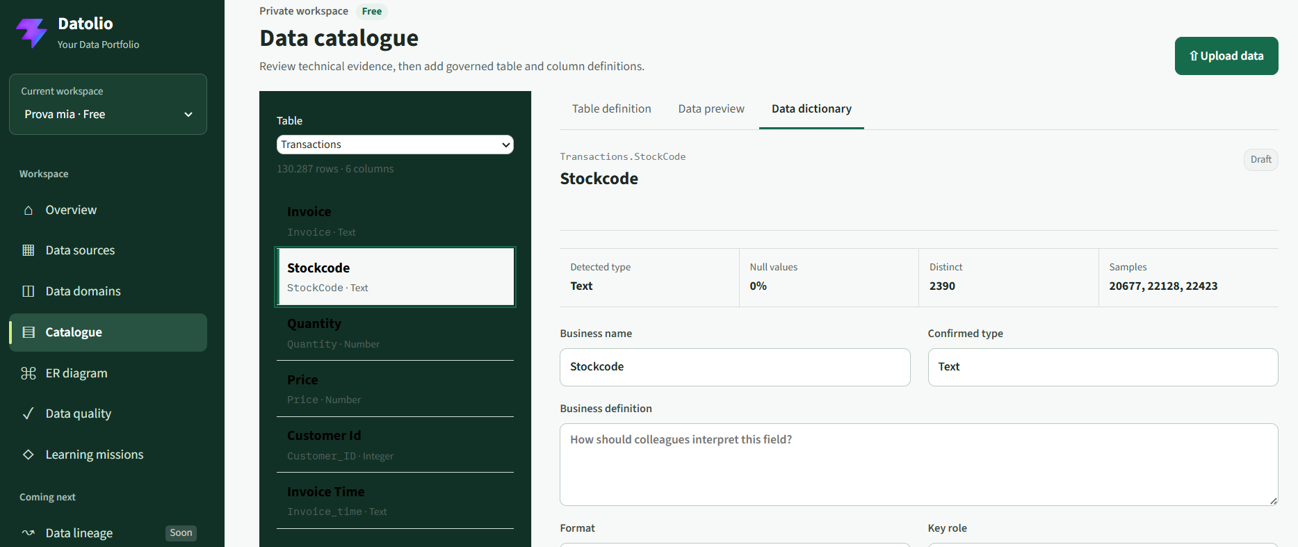 Datolio data catalogue and editable Data Dictionary