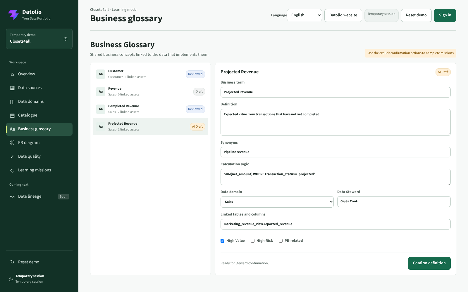 Datolio data catalogue and editable Data Dictionary