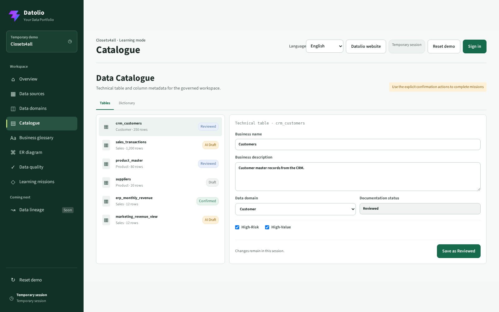 Datolio data catalogue and editable Data Dictionary