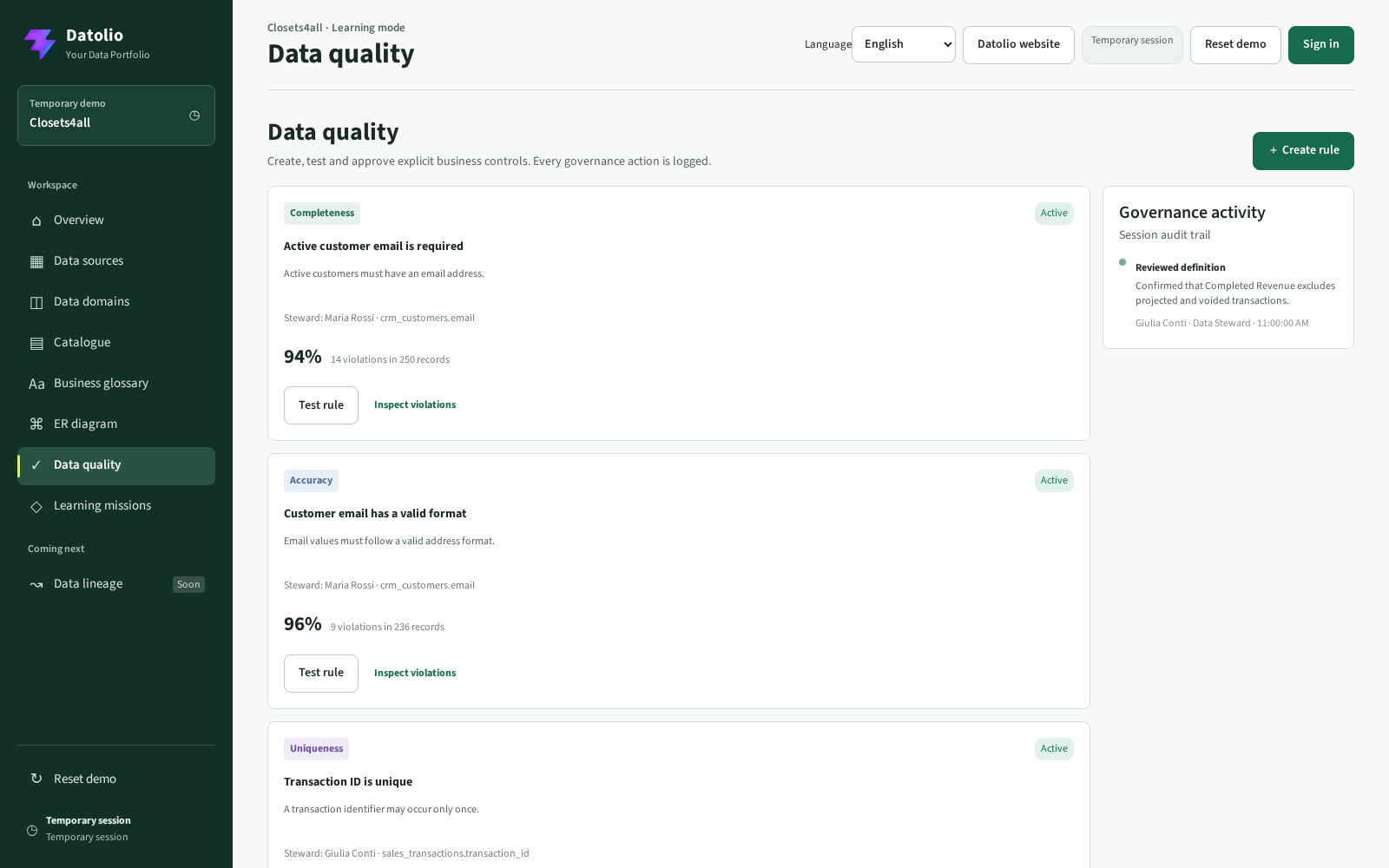 Datolio data catalogue and editable Data Dictionary