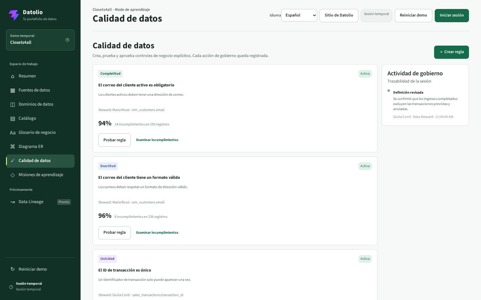 Catálogo de datos de Datolio y Data Dictionary editable