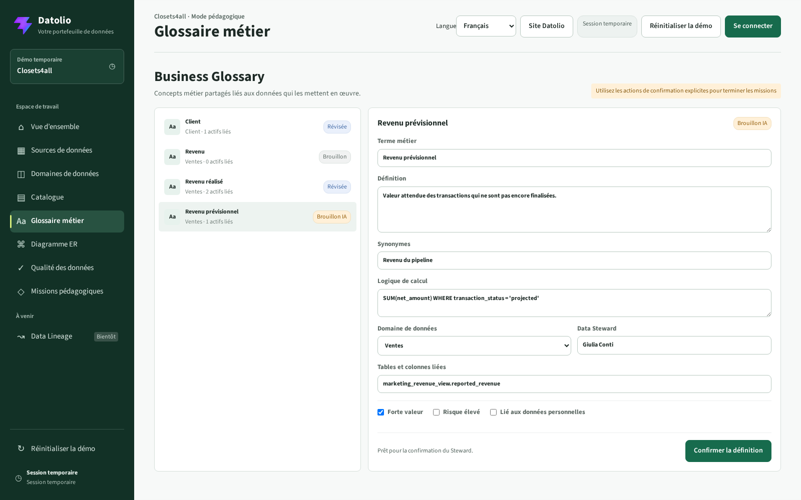 Catalogue de données Datolio et Data Dictionary modifiable
