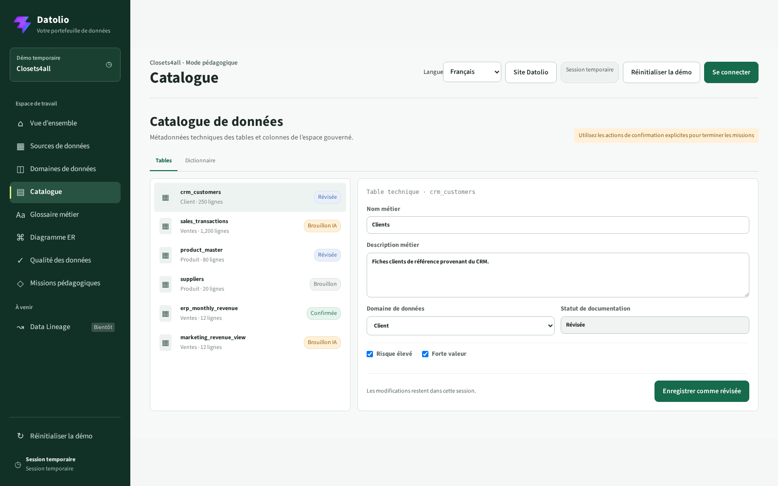 Catalogue de données Datolio et Data Dictionary modifiable